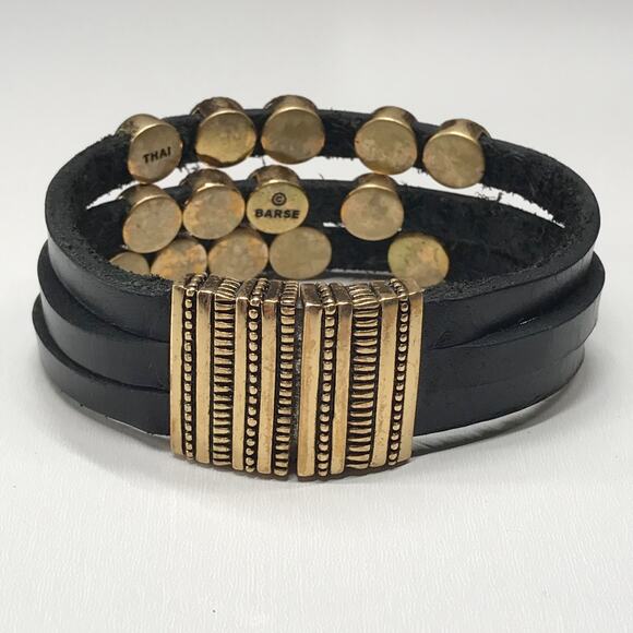 VTG Barse Black Leather Semi Precious Stone Accent Multi Strand Cuff Bracelet - Picture 10 of 14